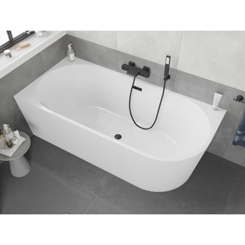 Mexen Silo freistehende Eckbadewanne, geriffelt, links 170 x 80 cm, weiß, Überlauf schwarz - 52891708000L-70