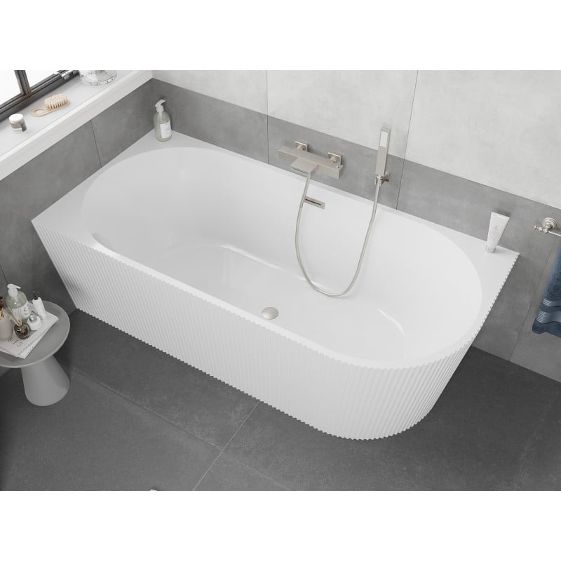 Mexen Silo freistehende Eckbadewanne links geriffelt 170 x 80 cm, weiß, Überlauf gebürstetes Nickel - 52891708000L-97
