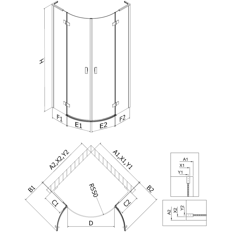 Mexen Mist L Duschkabine Halbrund Schwenktür 90 x 90 cm, transparent, gebürstetes Gold - 8A33L-090-090-55-00