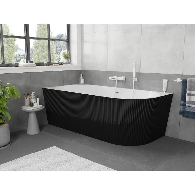 Mexen Silo freistehende Eckbadewanne links gerillt 170 x 80 cm, weiß/schwarz, Überlauf weiß - 52891708075L-20