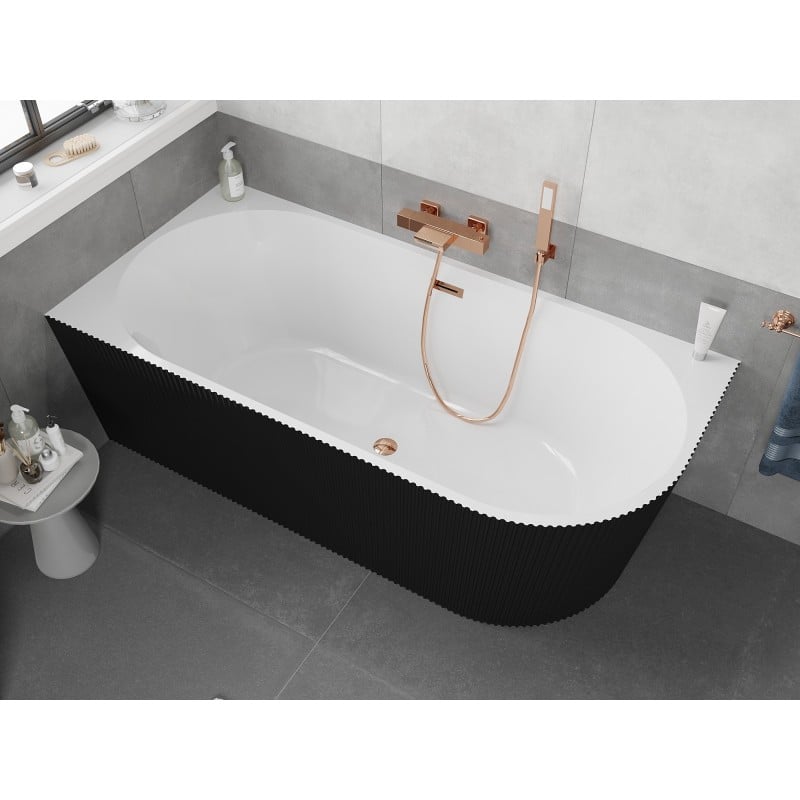 Mexen Silo freistehende Eckbadewanne links geriffelt 170 x 80 cm, weiß/schwarz, Überlauf Roségold - 52891708075L-60