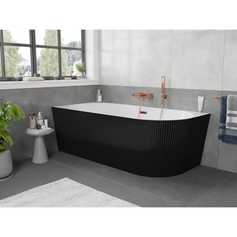 Mexen Silo freistehende Eckbadewanne links geriffelt 170 x 80 cm, weiß/schwarz, Überlauf Roségold - 52891708075L-60
