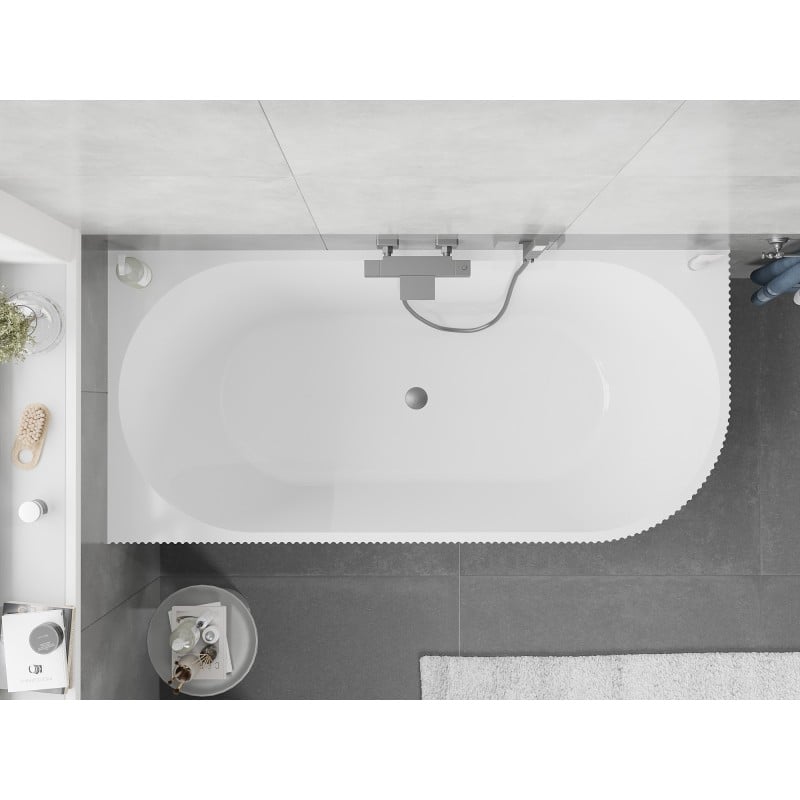 Mexen Silo freistehende Eckbadewanne links geriffelt 170 x 80 cm, weiß/schwarz, Überlauf gun gray gebürstet - 52891708075L-66