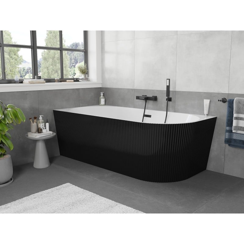 Mexen Silo frei stehende Eckbadewanne links geriffelt 170 x 80 cm, weiß/schwarz, Überlauf schwarz - 52891708075L-70