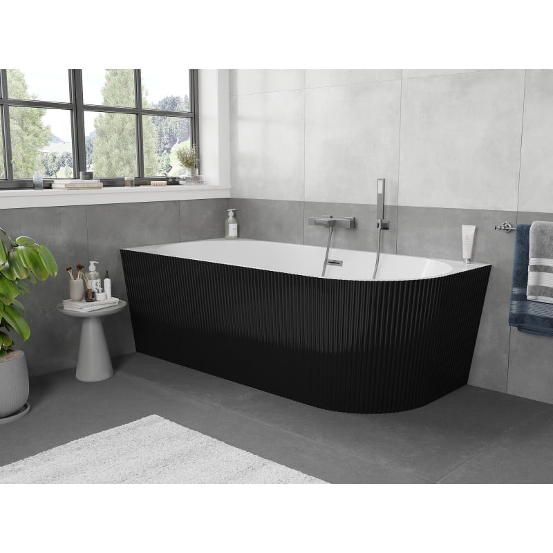 Mexen Silo freistehende Eckwanne links gerillt 170 x 80 cm, weiß/schwarz, Überlauf Gun Metal - 52891708075L-95