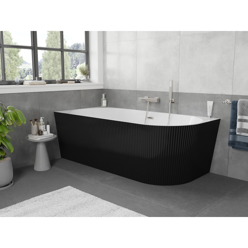 Mexen Silo freistehende Eckbadewanne links gerillt 170 x 80 cm, weiß/schwarz, Überlauf gebürstetes Nickel - 52891708075L-97