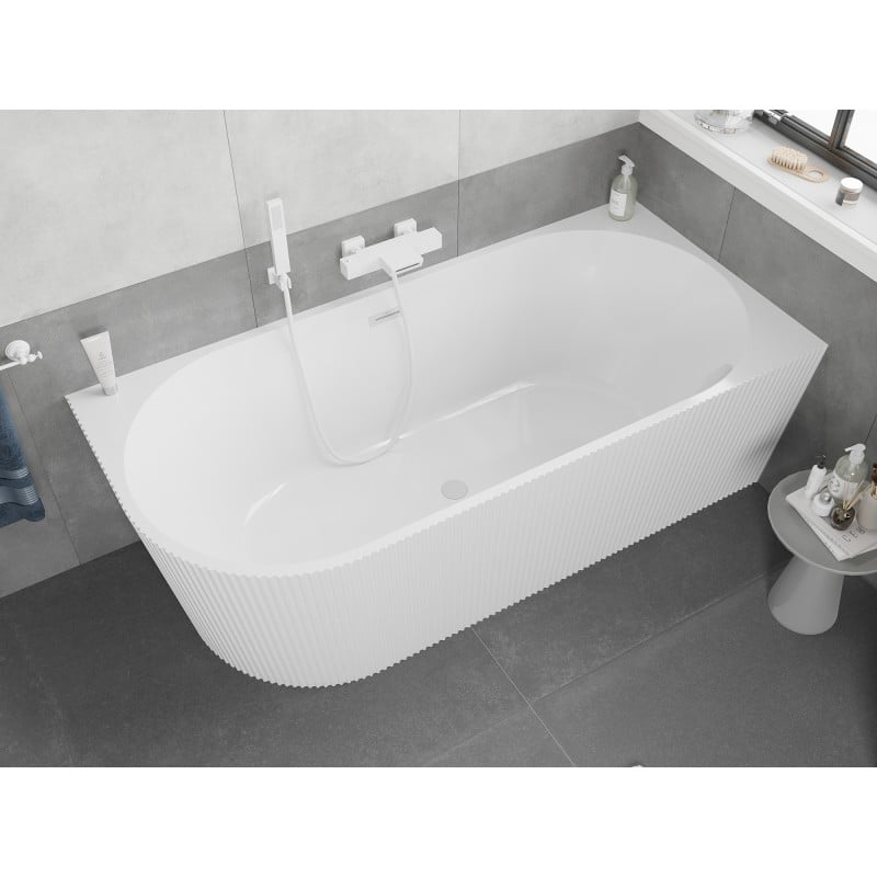 Mexen Silo Freistehende Eckbadewanne rechts geriffelt 150 x 75 cm, weiß, Überlauf weiß - 52891507500P-20