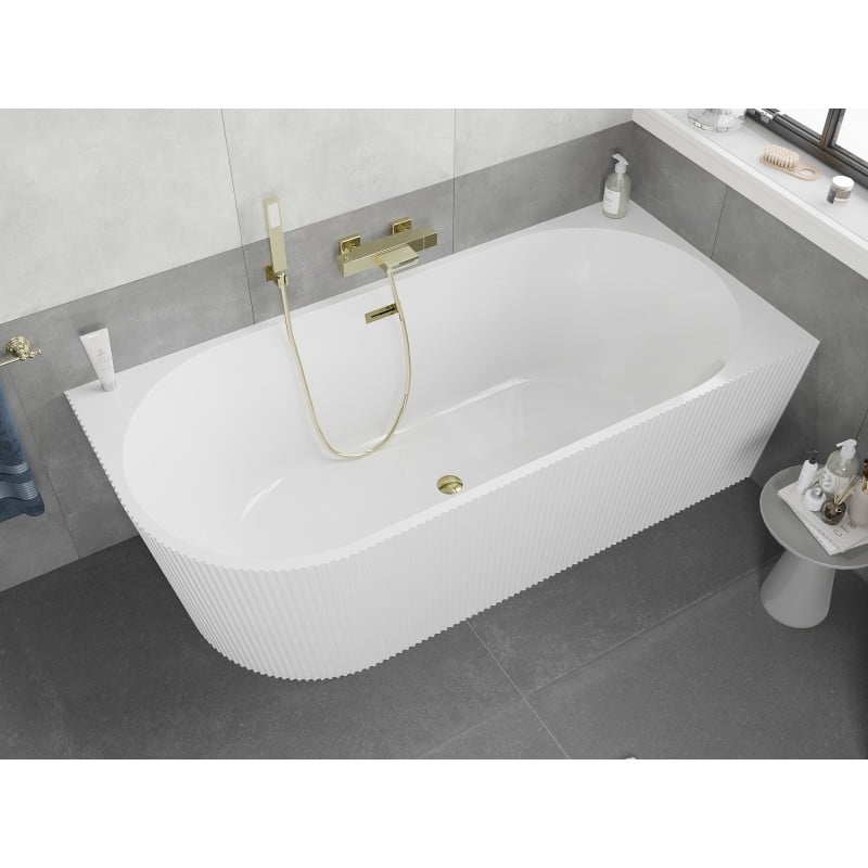Mexen Silo Freistehende Eckbadewanne rechts geriffelt 150 x 75 cm, weiß, Überlauf gold - 52891507500P-50
