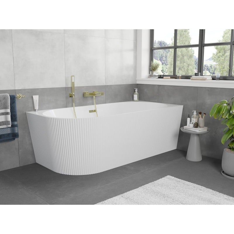 Mexen Silo Freistehende Eckbadewanne rechts geriffelt 150 x 75 cm, weiß, Überlauf gold - 52891507500P-50