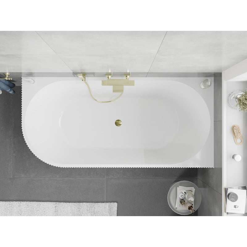 Mexen Silo Freistehende Eckbadewanne rechts geriffelt 150 x 75 cm, weiß, Überlauf gold - 52891507500P-50