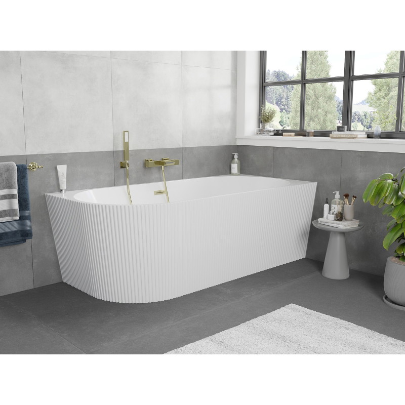 Mexen Silo Freistehende Eckbadewanne rechts geriffelt 150 x 75 cm, weiß, Überlauf gebürstet gold - 52891507500P-55