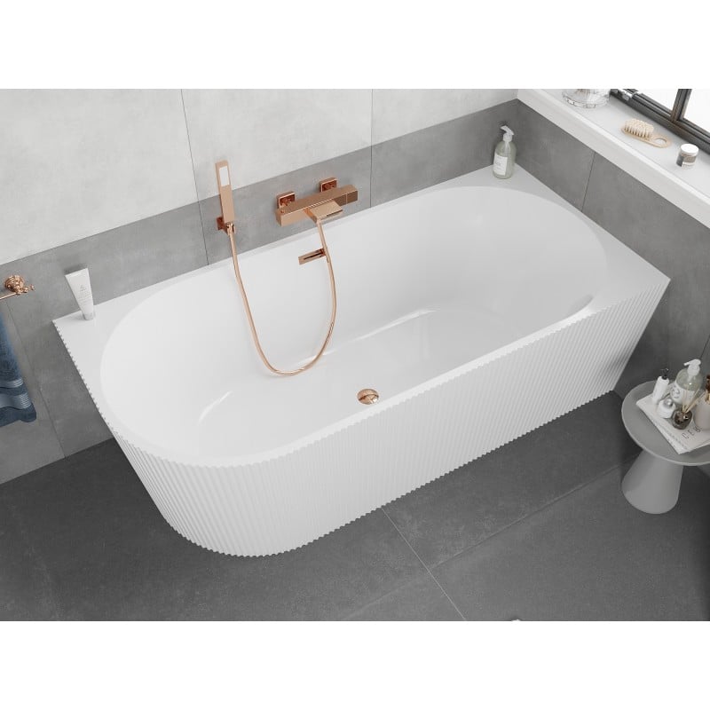 Mexen Silo freistehende Eckbadewanne rechts geriffelt 150 x 75 cm, weiß, Überlauf Roségold - 52891507500P-60