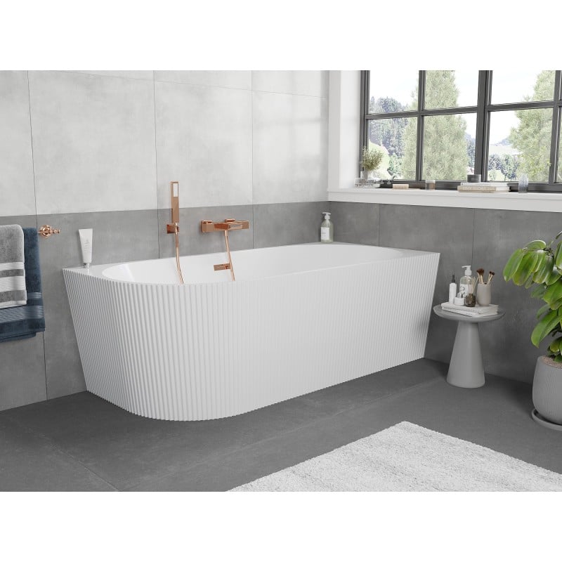 Mexen Silo freistehende Eckbadewanne rechts geriffelt 150 x 75 cm, weiß, Überlauf Roségold - 52891507500P-60