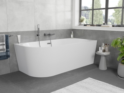 Mexen Silo freistehende Eckbadewanne rechts geriffelt 150 x 75 cm, weiß, Gun Gray gebürstet Überlauf - 52891507500P-66