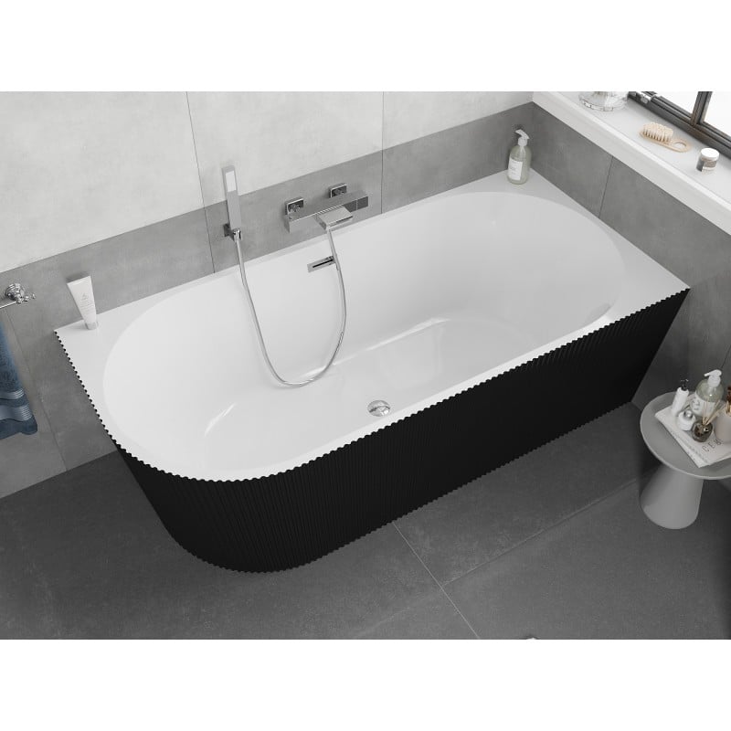 Mexen Silo freistehende Eckbadewanne rechts geriffelt 150 x 75 cm, weiß/schwarz, Überlauf chrom - 52891507575P-01