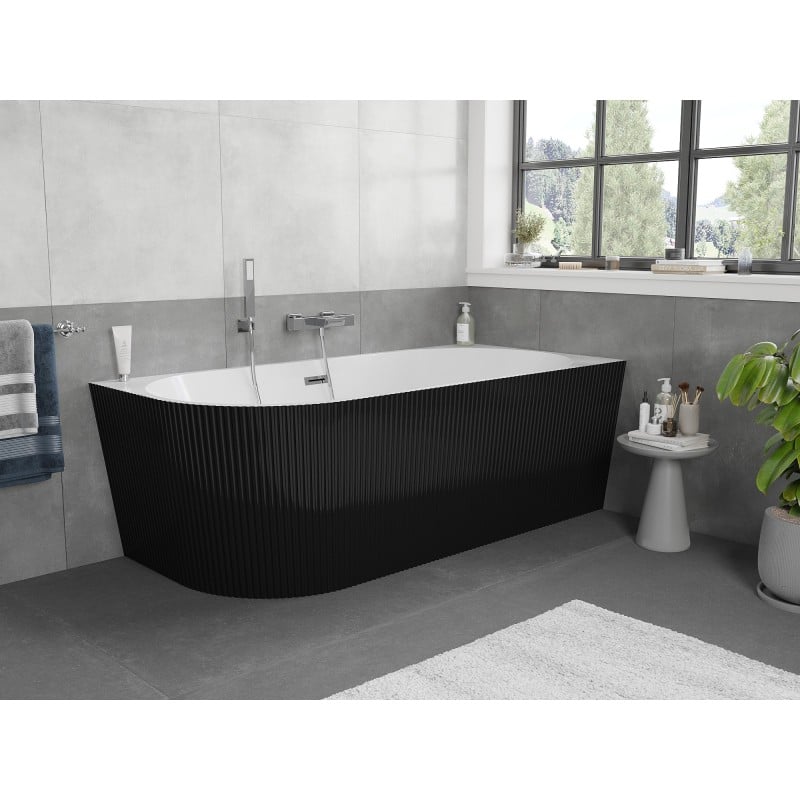 Mexen Silo freistehende Eckbadewanne rechts geriffelt 150 x 75 cm, weiß/schwarz, Überlauf chrom - 52891507575P-01