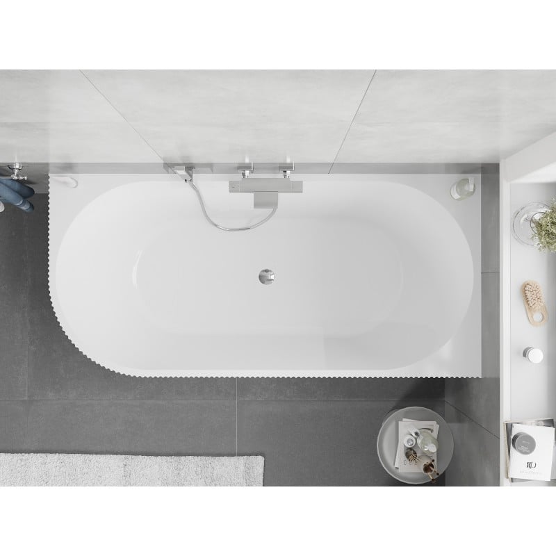 Mexen Silo freistehende Eckbadewanne rechts geriffelt 150 x 75 cm, weiß/schwarz, Überlauf chrom - 52891507575P-01
