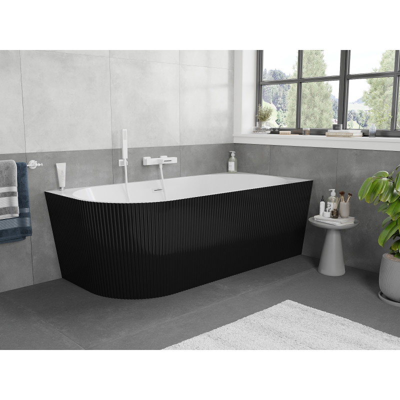 Mexen Silo freistehende Eckbadewanne rechts geriffelt 150 x 75 cm, weiß/schwarz, Überlauf weiß - 52891507575P-20