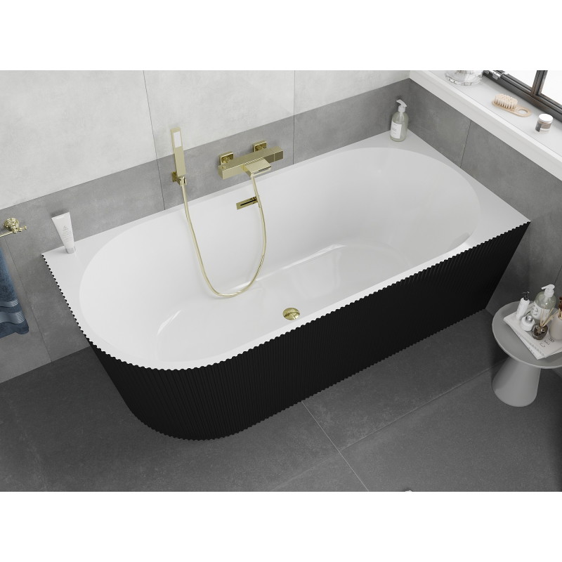 Mexen Silo freistehende Eckbadewanne rechts gerillt 150 x 75 cm, weiß/schwarz, Überlauf gold - 52891507575P-50