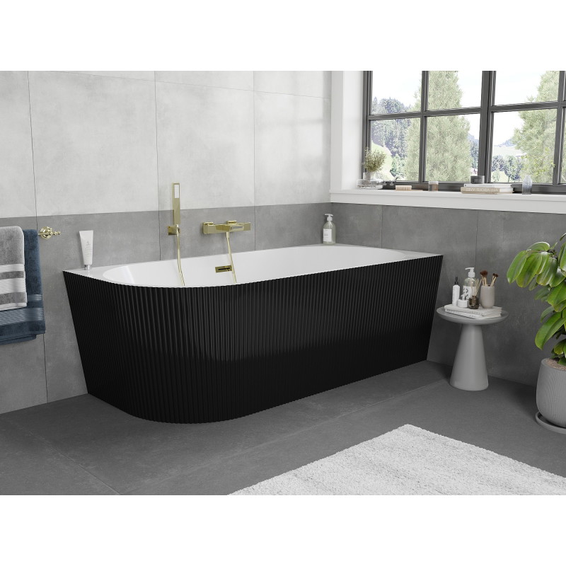 Mexen Silo freistehende Eckbadewanne rechts gerillt 150 x 75 cm, weiß/schwarz, Überlauf gold - 52891507575P-50