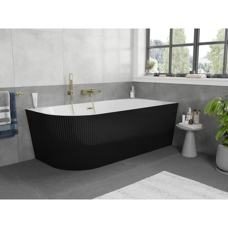 Mexen Silo freistehende Eckbadewanne rechts geriffelt 150 x 75 cm, weiß/schwarz, Überlauf gold gebürstet - 52891507575P-55