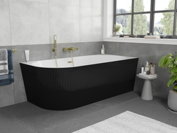 Mexen Silo freistehende Eckbadewanne rechts geriffelt 150 x 75 cm, weiß/schwarz, Überlauf gold gebürstet - 52891507575P-55