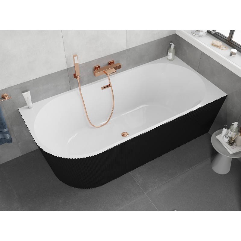 Mexen Silo freistehende Eckbadewanne rechts geriffelt 150 x 75 cm, weiß/schwarz, Überlauf Roségold - 52891507575P-60