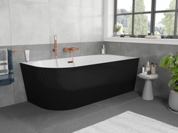Mexen Silo freistehende Eckbadewanne rechts geriffelt 150 x 75 cm, weiß/schwarz, Überlauf Roségold - 52891507575P-60