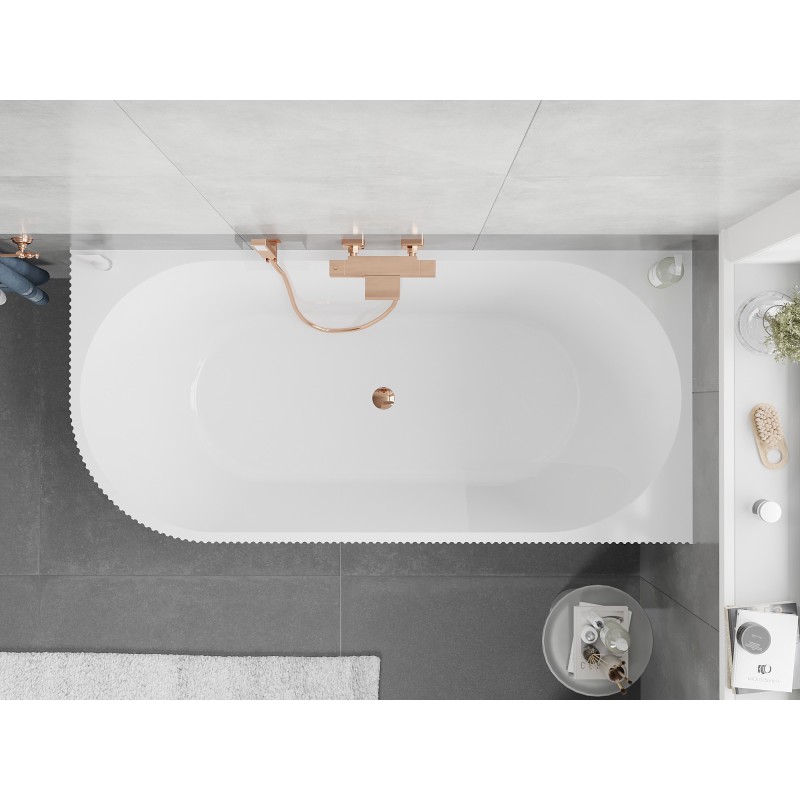 Mexen Silo freistehende Eckbadewanne rechts geriffelt 150 x 75 cm, weiß/schwarz, Überlauf Roségold - 52891507575P-60