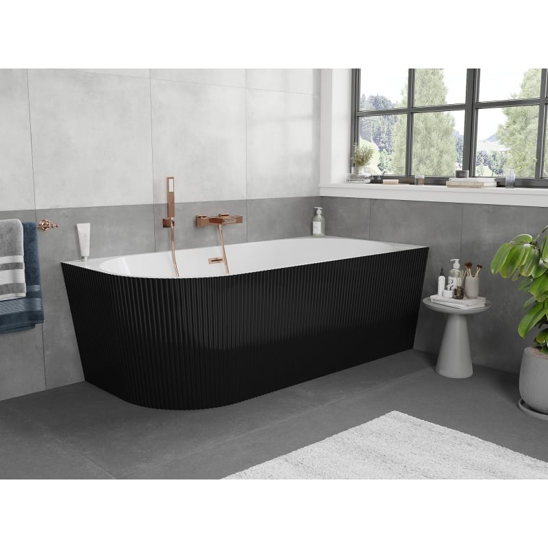 Mexen Silo Freistehende Eckbadewanne rechts geriffelt 150 x 75 cm, weiß/schwarz, Überlauf gebürstetes Kupfer