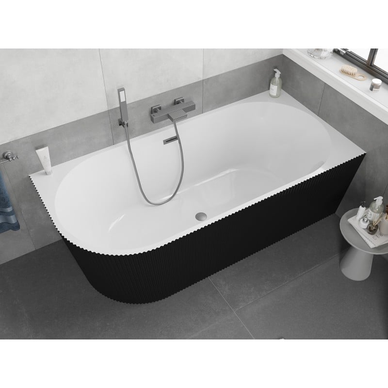 Mexen Silo Freistehende Eckbadewanne rechts geriffelt 150 x 75 cm, weiß/schwarz, Überlauf Gun Metal - 52891507575P-95