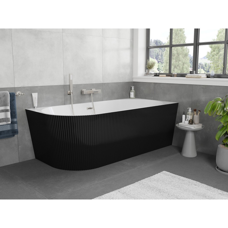 Mexen Silo Freistehende Eckbadewanne rechts geriffelt 150 x 75 cm, weiß/schwarz, Überlauf gebürstetes Nickel