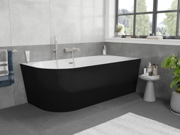 Mexen Silo Freistehende Eckbadewanne rechts geriffelt 150 x 75 cm, weiß/schwarz, Überlauf gebürstetes Nickel