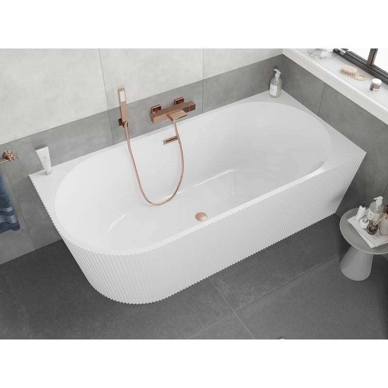 Mexen Silo freistehende Eckbadewanne rechts geriffelt 170 x 80 cm, weiß, Überlauf gebürstetes Kupfer - 52891708000P-65