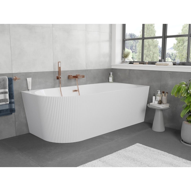 Mexen Silo freistehende Eckbadewanne rechts geriffelt 170 x 80 cm, weiß, Überlauf gebürstetes Kupfer - 52891708000P-65