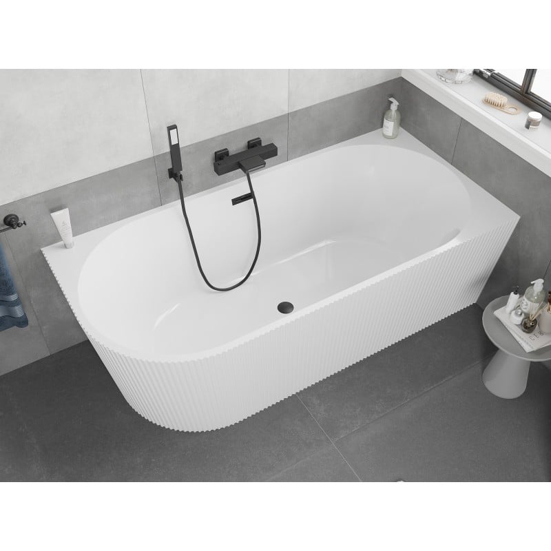 Mexen Silo freistehende Eckbadewanne rechts geriffelt 170 x 80 cm, weiß, Überlauf schwarz - 52891708000P-70