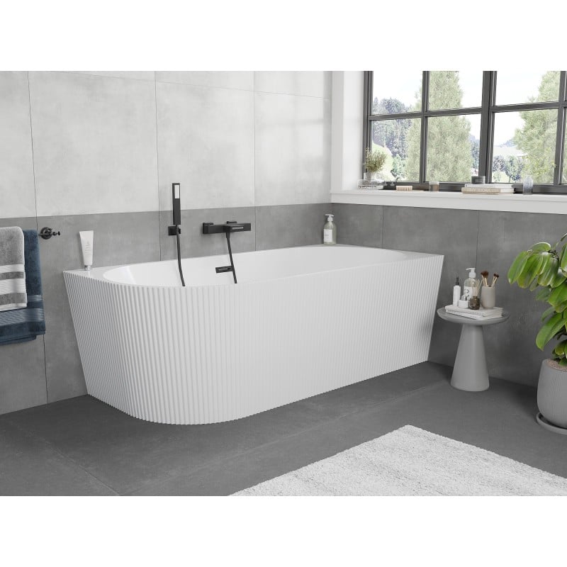 Mexen Silo freistehende Eckbadewanne rechts geriffelt 170 x 80 cm, weiß, Überlauf schwarz - 52891708000P-70