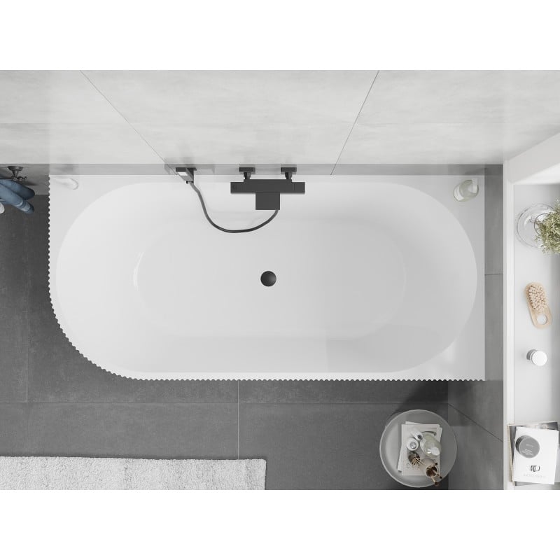 Mexen Silo freistehende Eckbadewanne rechts geriffelt 170 x 80 cm, weiß, Überlauf schwarz - 52891708000P-70