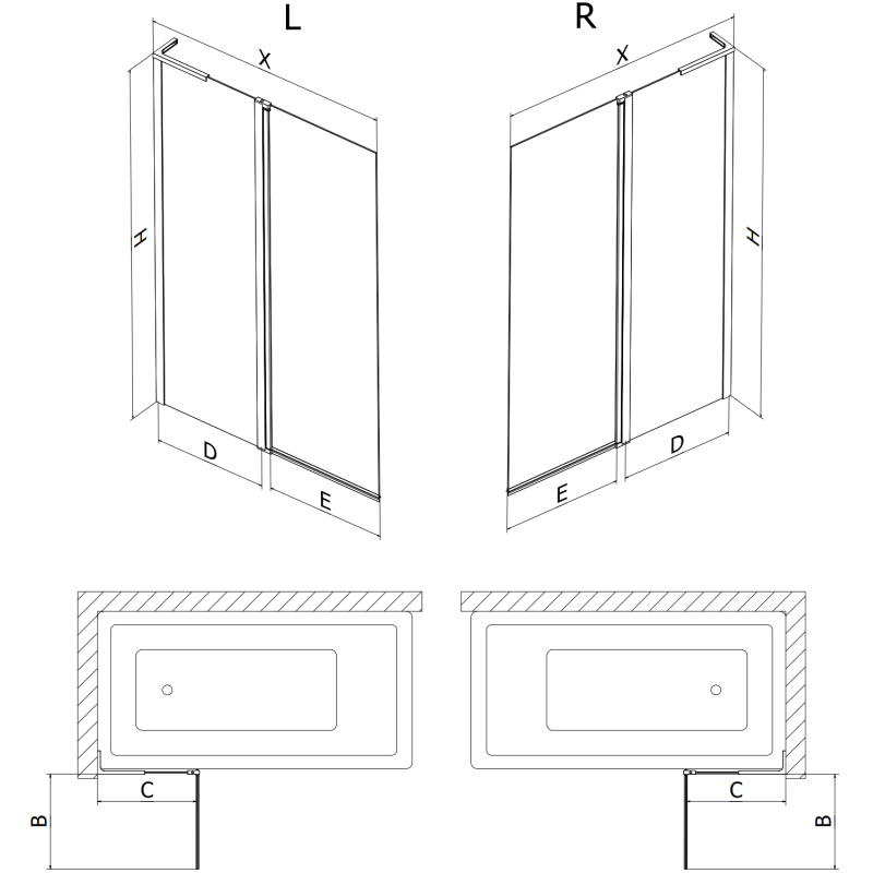 Mexen Mist L Badewannenabtrennung 2-flügelig rechts 100 x 150 cm, schwarzes Gitter, schwarz - 8A9L-100-011-70-77-P