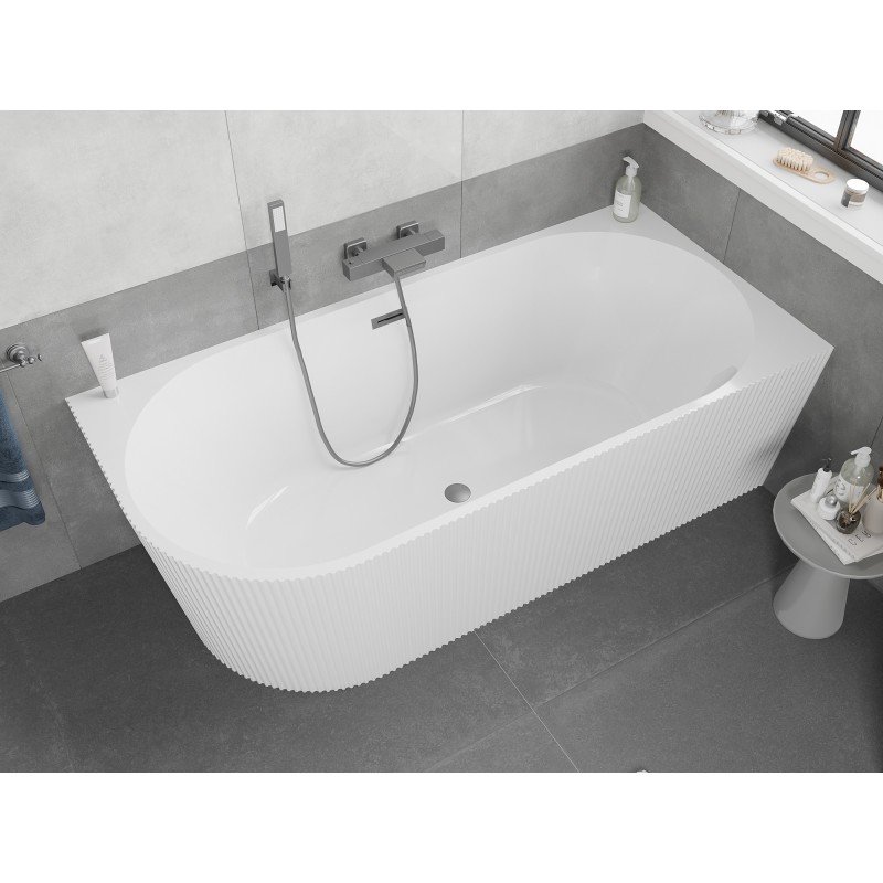 Mexen Silo freistehende Eckbadewanne rechts geriffelt 170 x 80 cm, weiß, Überlauf Gun Metal - 52891708000P-95