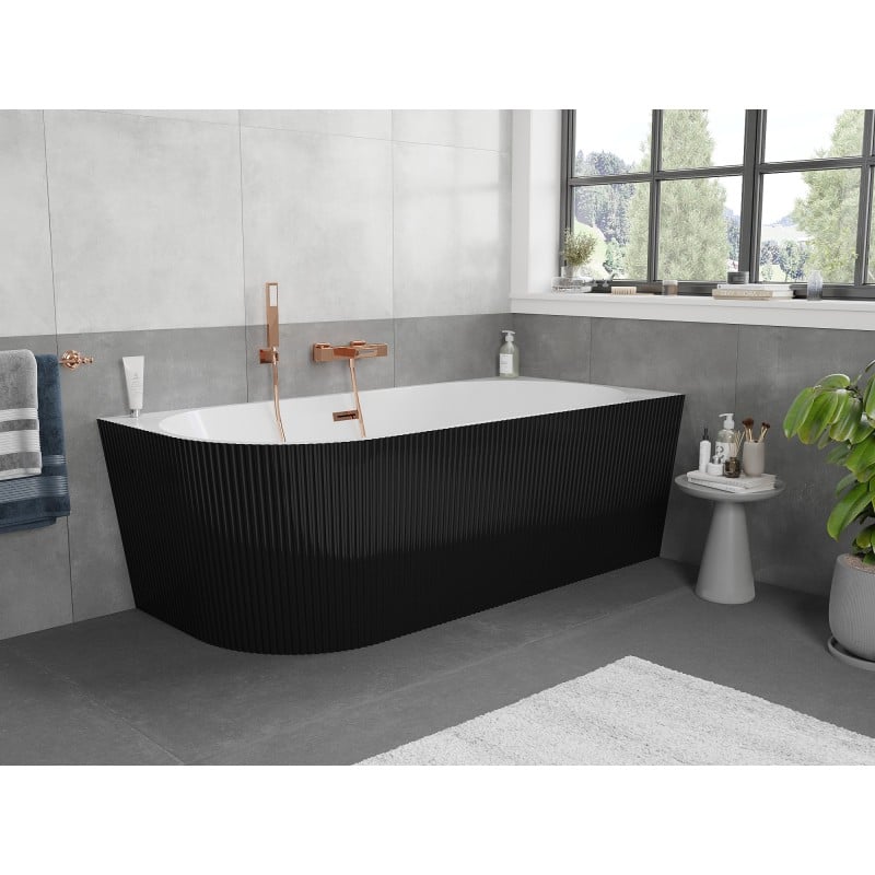 Mexen Silo freistehende Eckbadewanne rechts geriffelt 170 x 80 cm, weiß/schwarz, Überlauf Roségold - 52891708075P-60