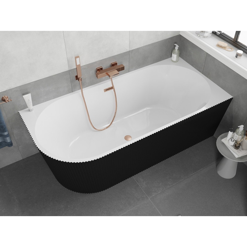 Mexen Silo Freistehende Eckbadewanne rechts gerillt 170 x 80 cm, weiß/schwarz, Überlauf gebürstetes Kupfer - 52891708075P-65