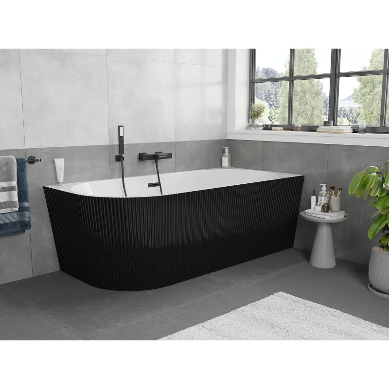 Mexen Silo freistehende Eckbadewanne rechts geriffelt 170 x 80 cm, weiß/schwarz, Überlauf schwarz - 52891708075P-70