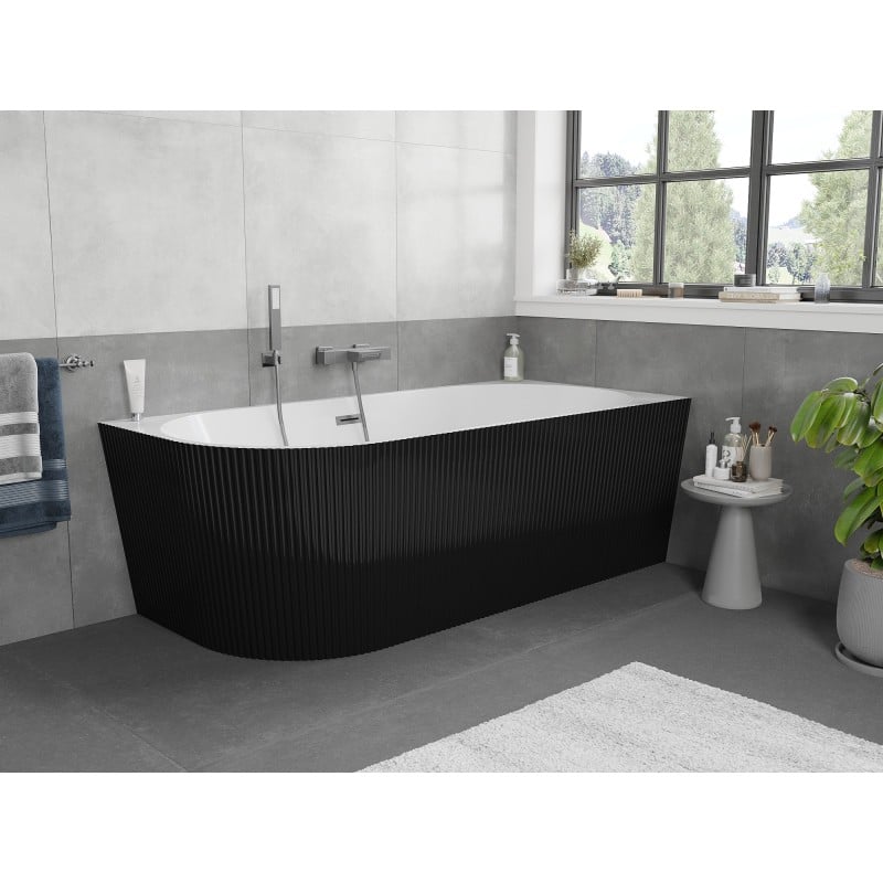 Mexen Silo freistehende Eckbadewanne rechts geriffelt 170 x 80 cm, weiß/schwarz, Überlauf Gun Metal - 52891708075P-95