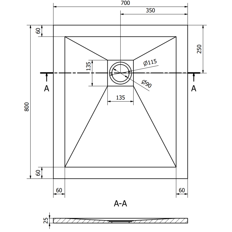 Mexen Stone+ rechteckige Duschwanne aus Verbundwerkstoff 80 x 70 cm, grau-beton - 44617080