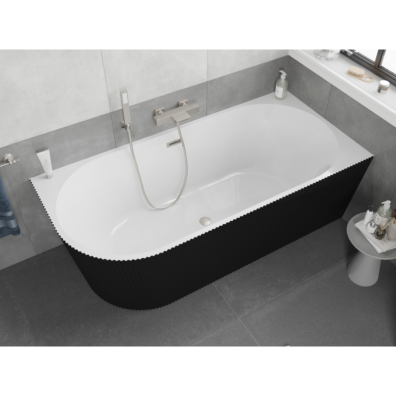 Mexen Silo freistehende Eckbadewanne rechts geriffelt 170 x 80 cm, weiß/schwarz, Überlauf gebürsteter Nickel