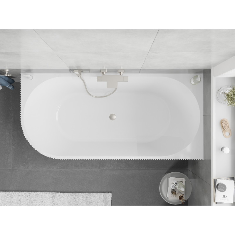Mexen Silo freistehende Eckbadewanne rechts geriffelt 170 x 80 cm, weiß/schwarz, Überlauf gebürsteter Nickel