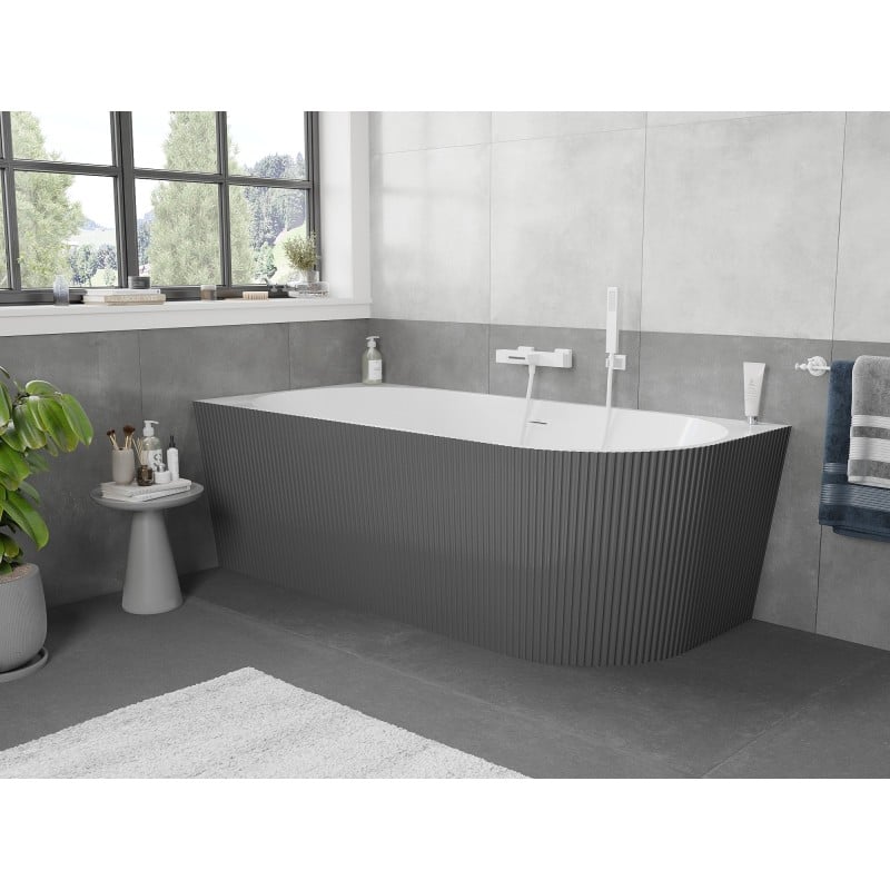 Mexen Silo freistehende Eckbadewanne links geriffelt 150 x 75 cm, weiß/grau, weiße Überlauf - 52891507562L-20