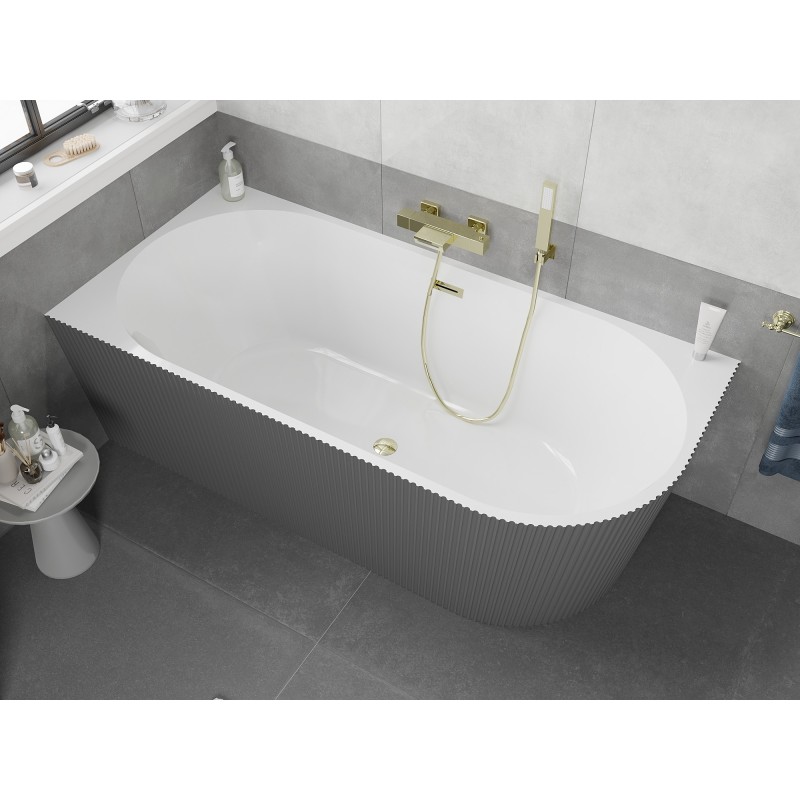 Mexen Silo freistehende Eckbadewanne links geriffelt 150 x 75 cm, weiß/grau, goldene Überlauf - 52891507562L-50