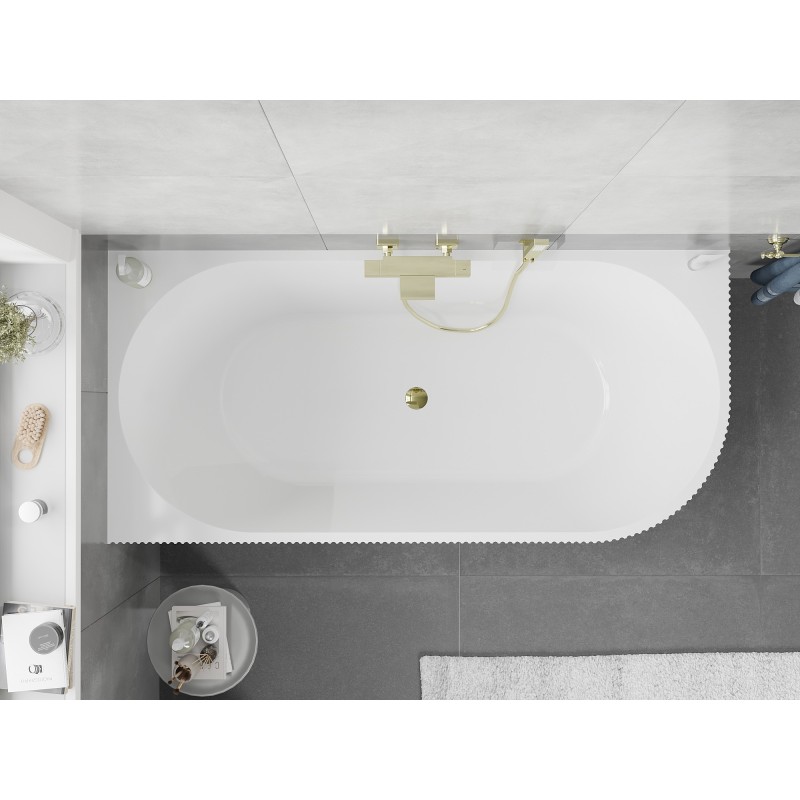 Mexen Silo freistehende Eckbadewanne links geriffelt 150 x 75 cm, weiß/grau, goldene Überlauf - 52891507562L-50
